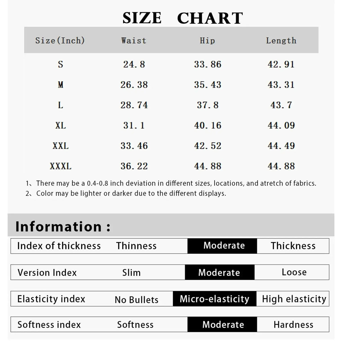 Size chart for high waist wide leg pants with elastic waist, moderate softness, slim fit, and micro-elasticity fabric