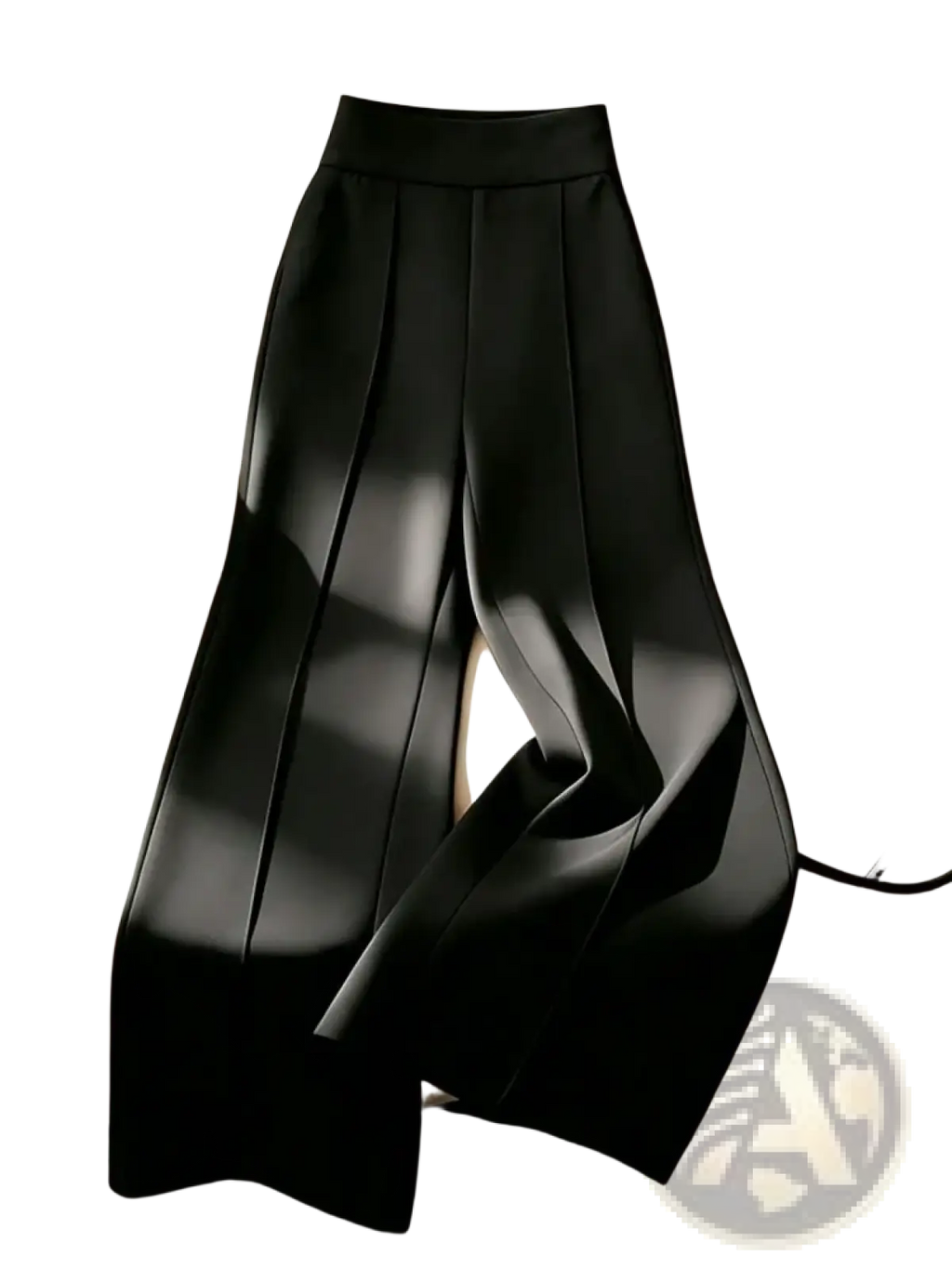 Black high waist wide leg trousers with a sleek pleated design and smooth matte fabric for elegant wear