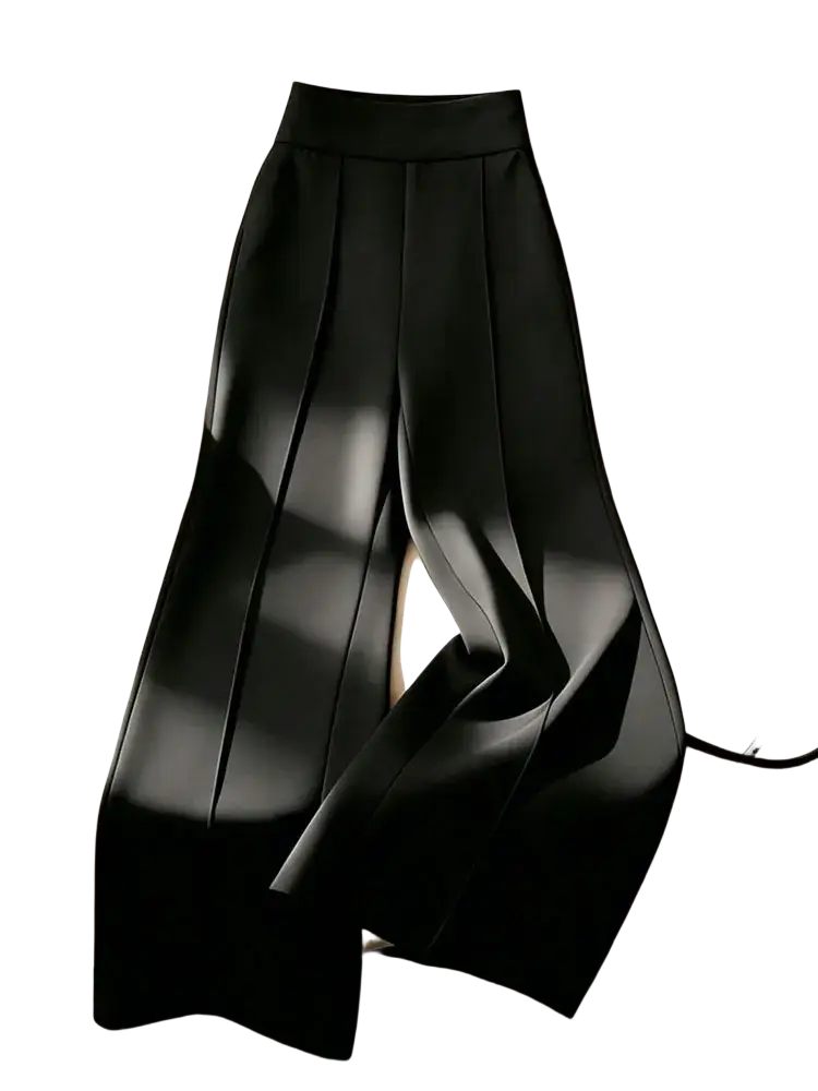 Black high waist wide leg trousers with a sleek pleated design and smooth matte fabric for elegant wear