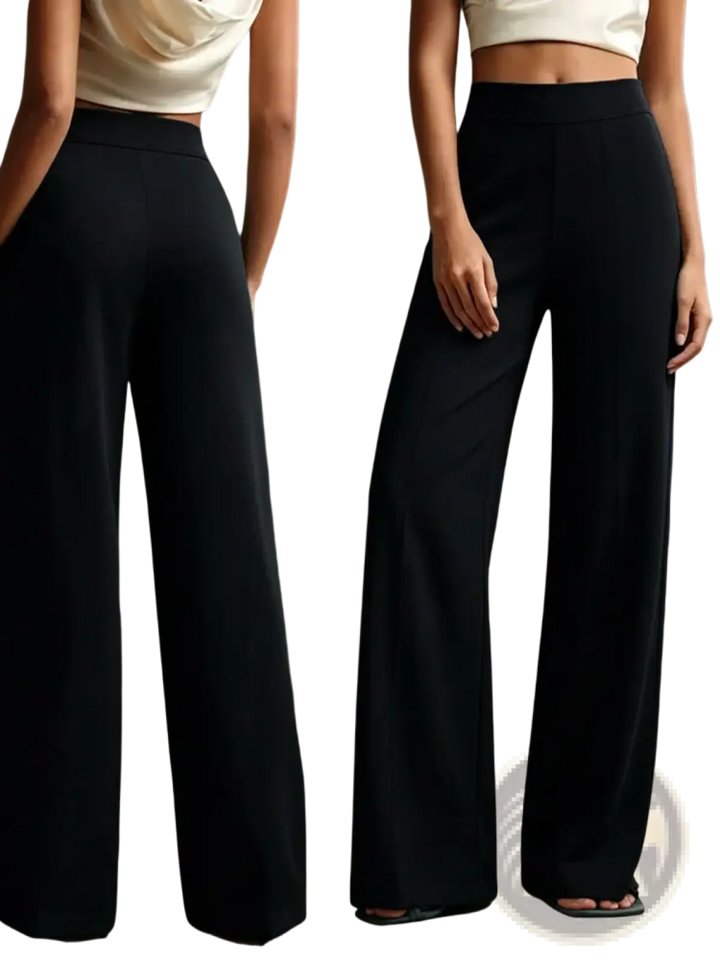 Black high waist wide leg trousers with smooth flowing fabric and minimalist design for elegant wear