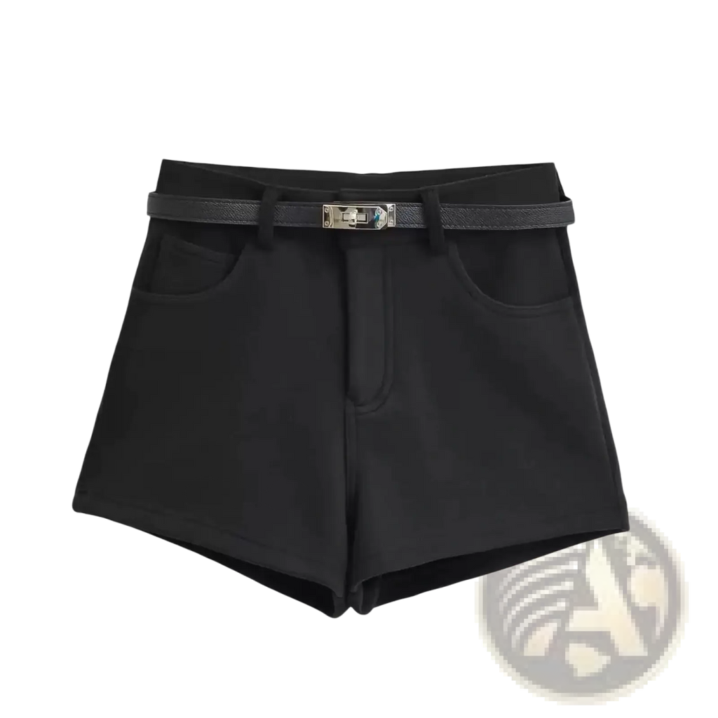 Black high-waisted belted shorts with sleek tailored fit, two front pockets, and silver Hermès Kelly buckle belt