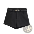 Black high-waisted belted shorts with sleek tailored fit, two front pockets, and silver Hermès Kelly buckle belt