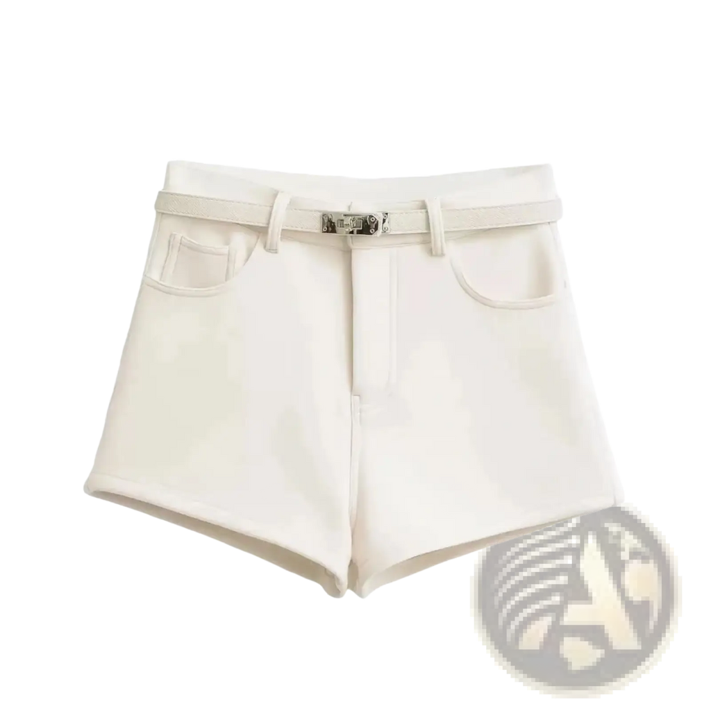 Cream-colored high-waisted shorts with a matching belt and silver-toned buckle for stylish summer wear