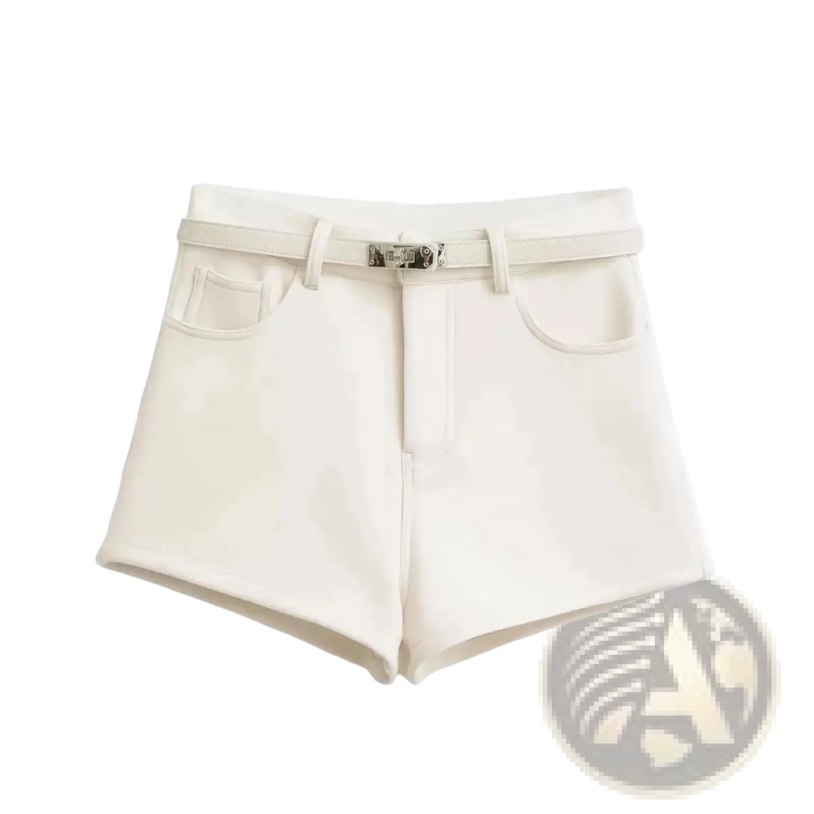 Cream-colored high-waisted shorts with a matching belt and silver-toned buckle for stylish summer wear