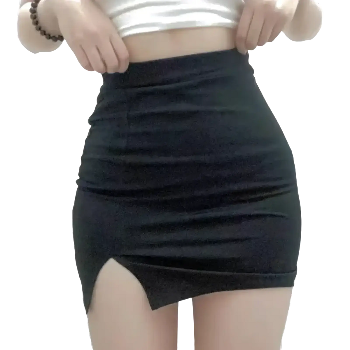 High waisted black mini skirt with side slit made of smooth form fitting fabric for stylish wear