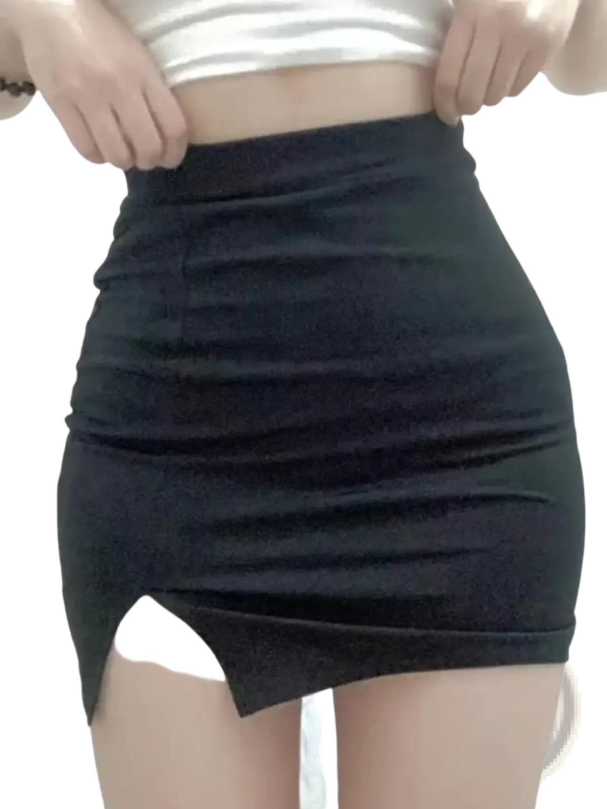 High waisted black mini skirt with a side slit made of fitted stretchy fabric for a sleek look