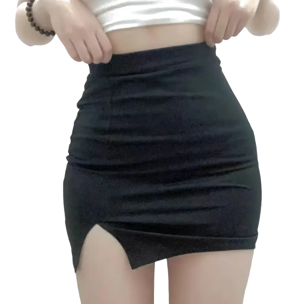 Black high waisted mini skirt with a side slit showcasing its sleek design and versatile style for formal or casual wear