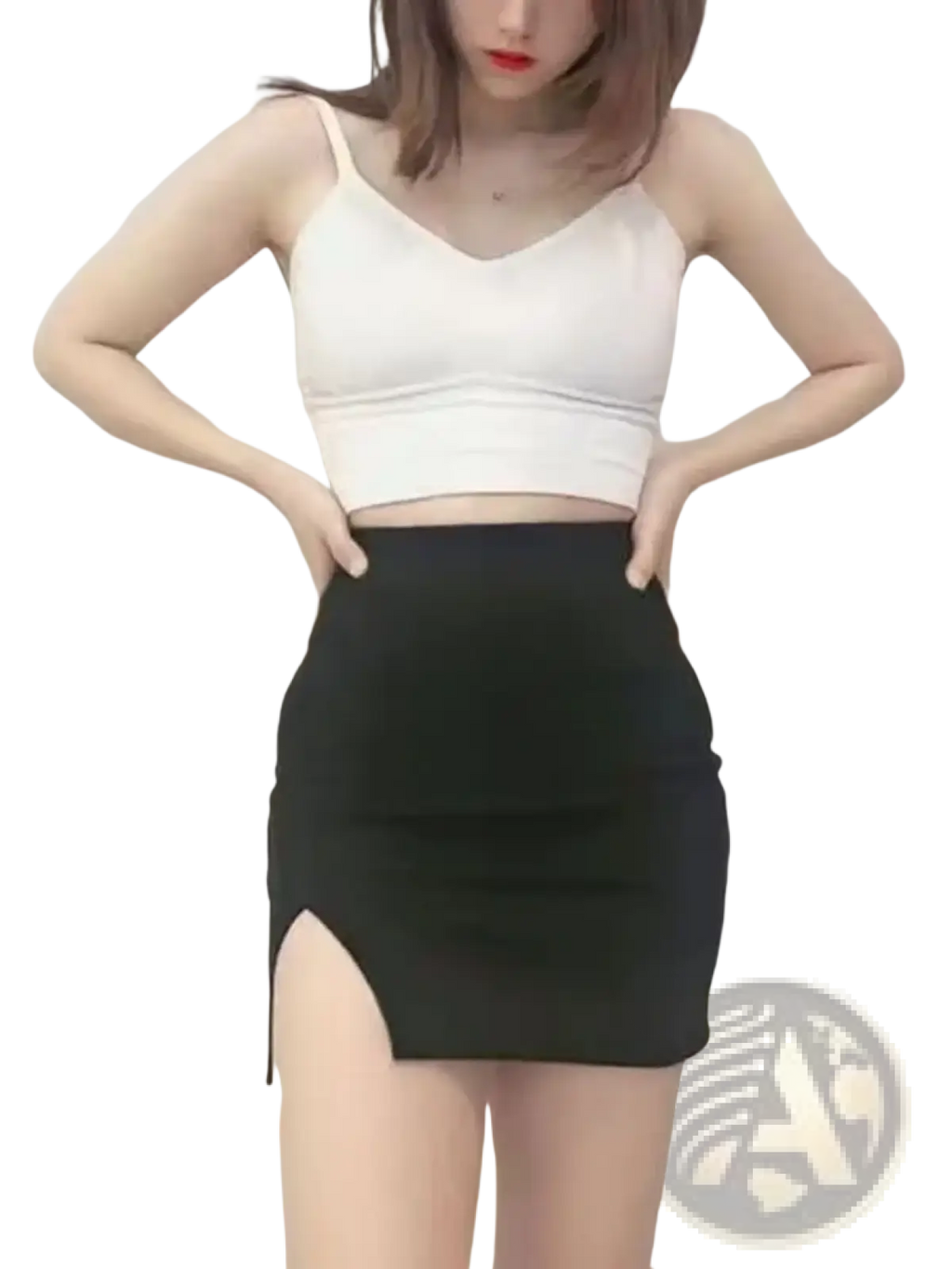Black high waisted mini skirt with a side slit made from smooth fabric ideal for stylish casual wear