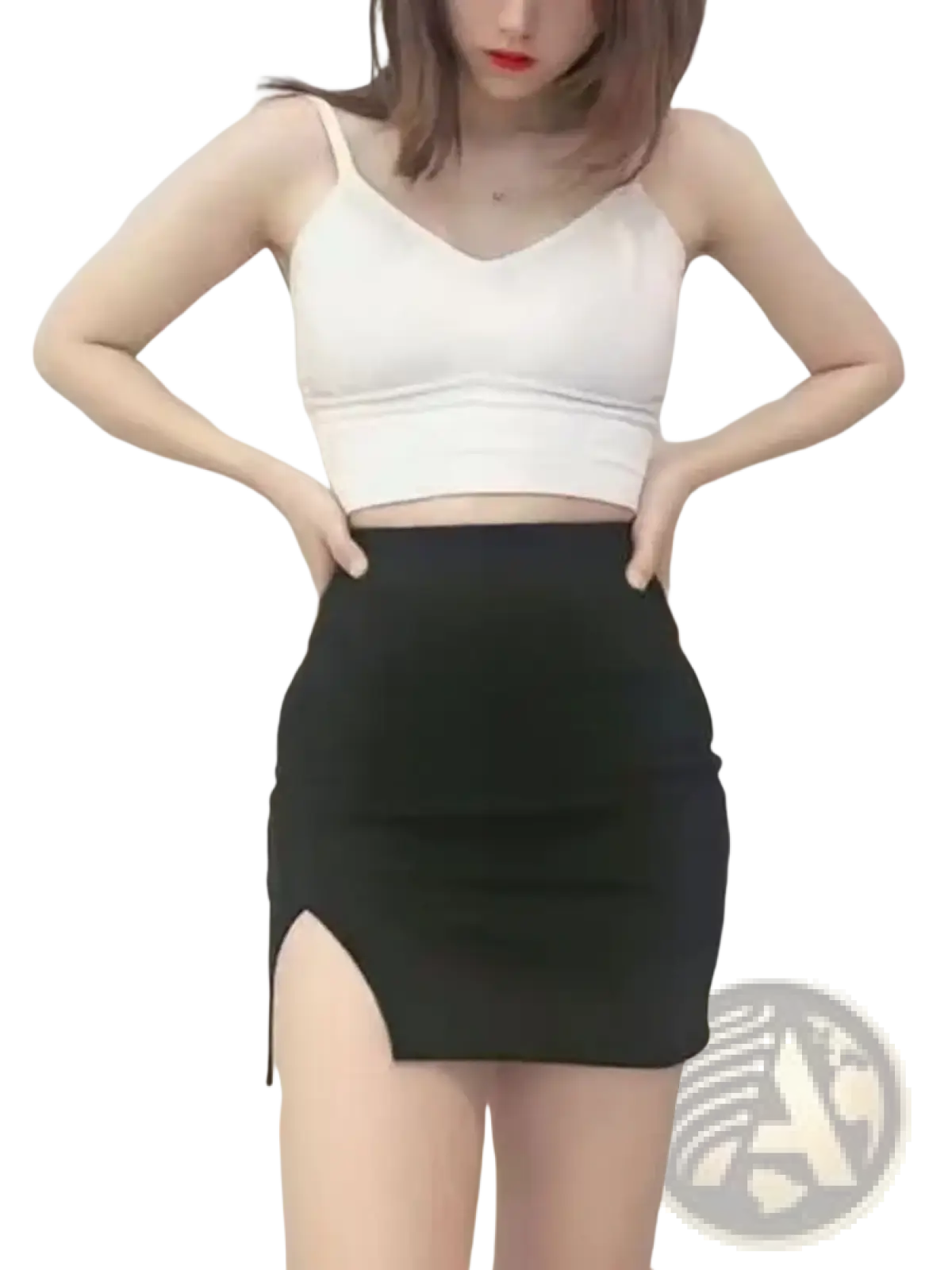 Black high waisted mini skirt with a side slit made from smooth fabric ideal for stylish casual wear