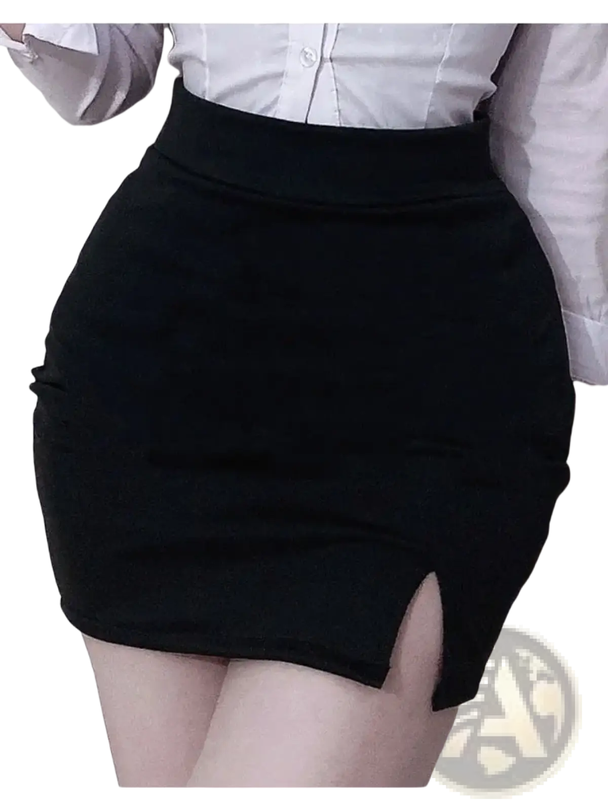 High waisted black mini skirt with side slit made from sleek material for stylish casual or evening wear