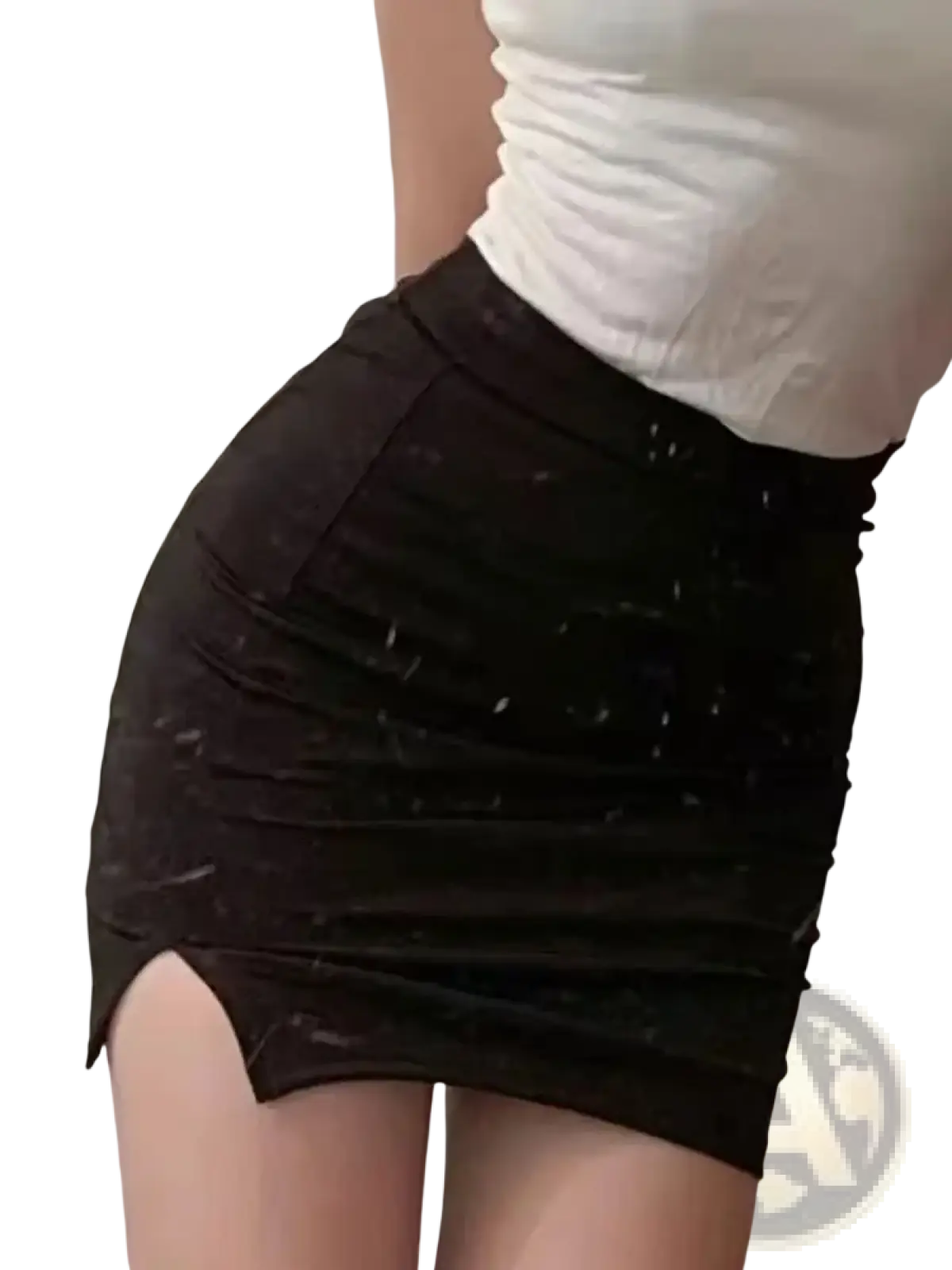 High waisted black ruched mini skirt in sleek fabric with a thigh high slit for stylish evening wear