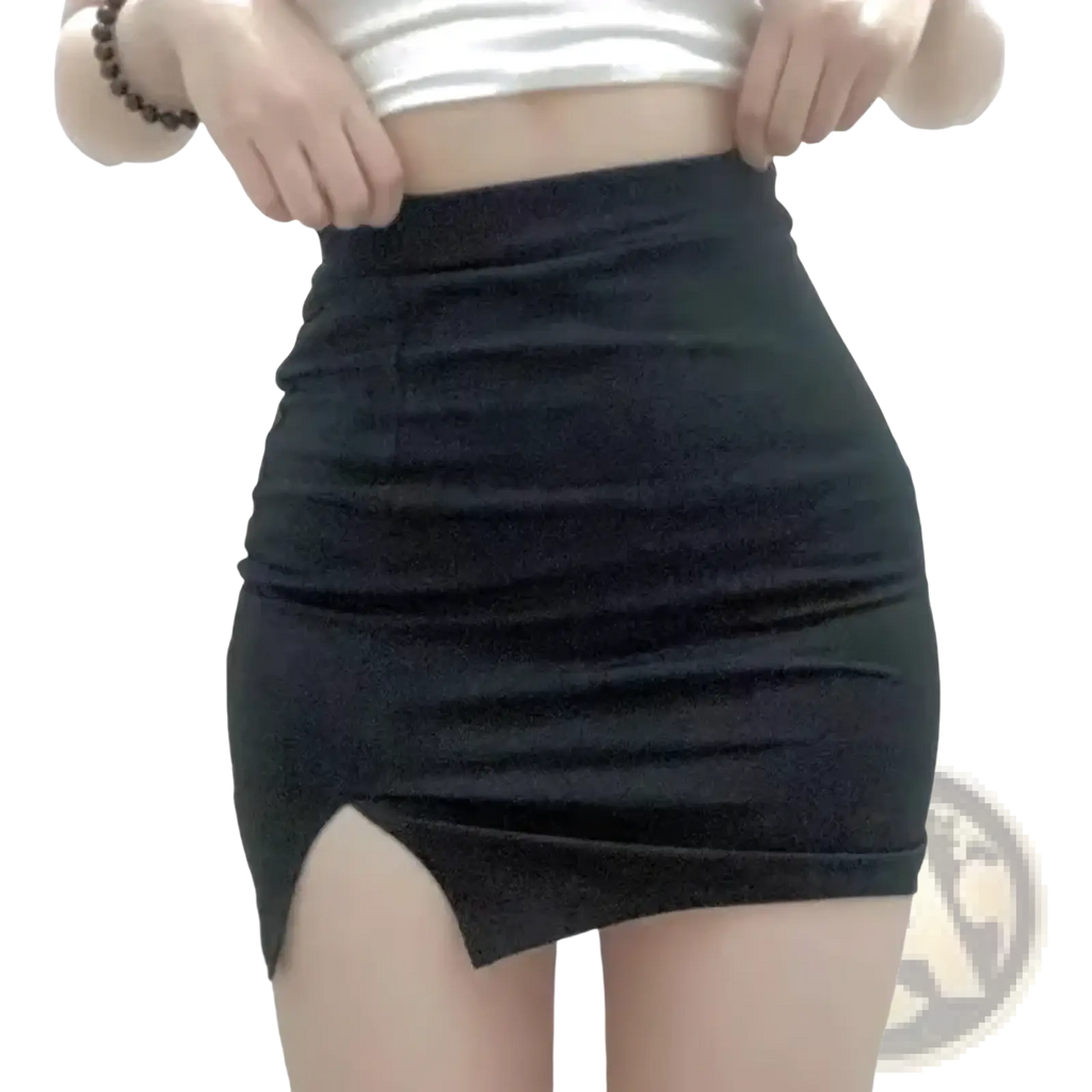 Black high waisted mini skirt with a side slit showcasing its sleek design and versatile style for formal or casual wear