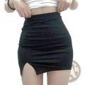 Black high waisted mini skirt with a side slit showcasing its sleek design and versatile style for formal or casual wear