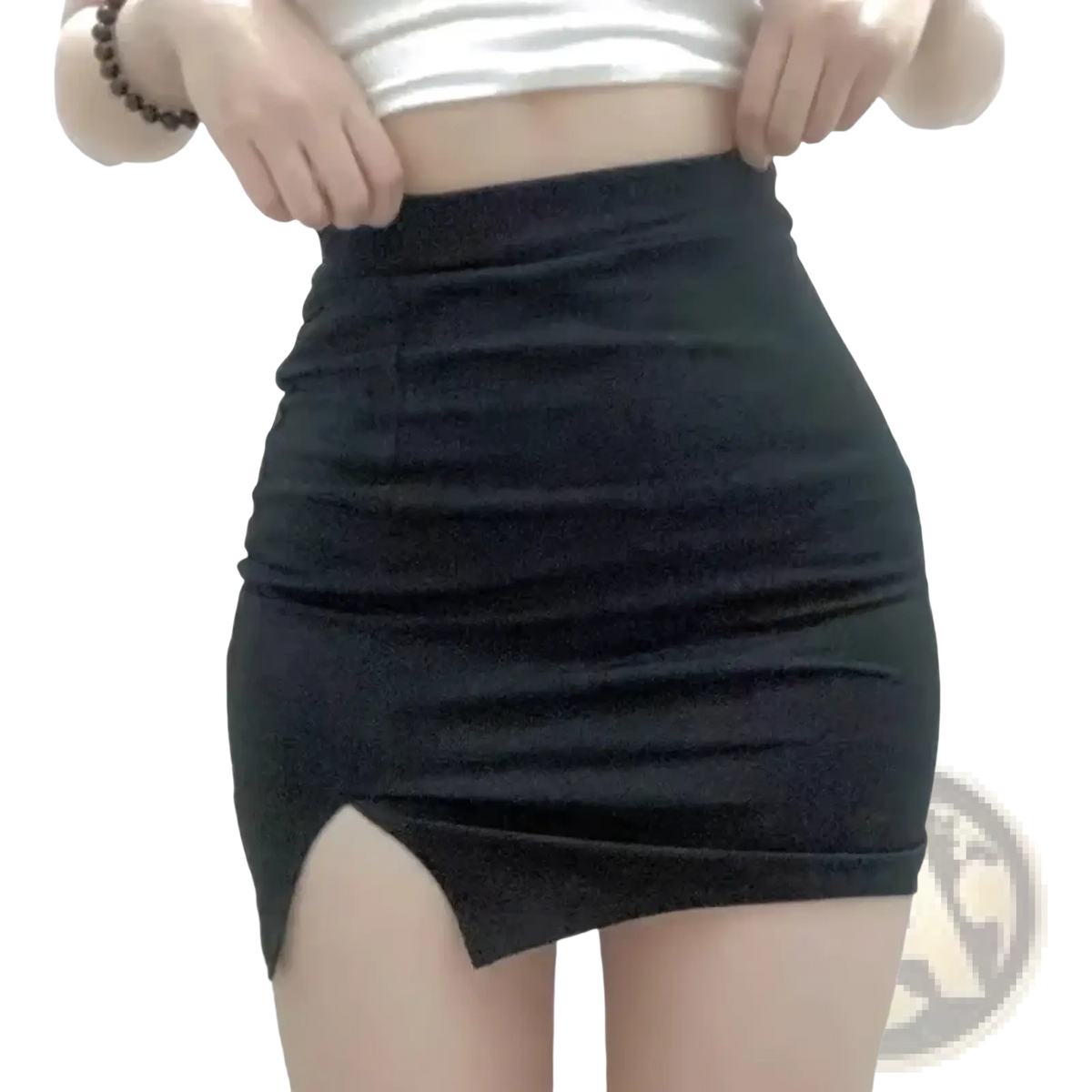 Black high waisted mini skirt with a side slit showcasing its sleek design and versatile style for formal or casual wear