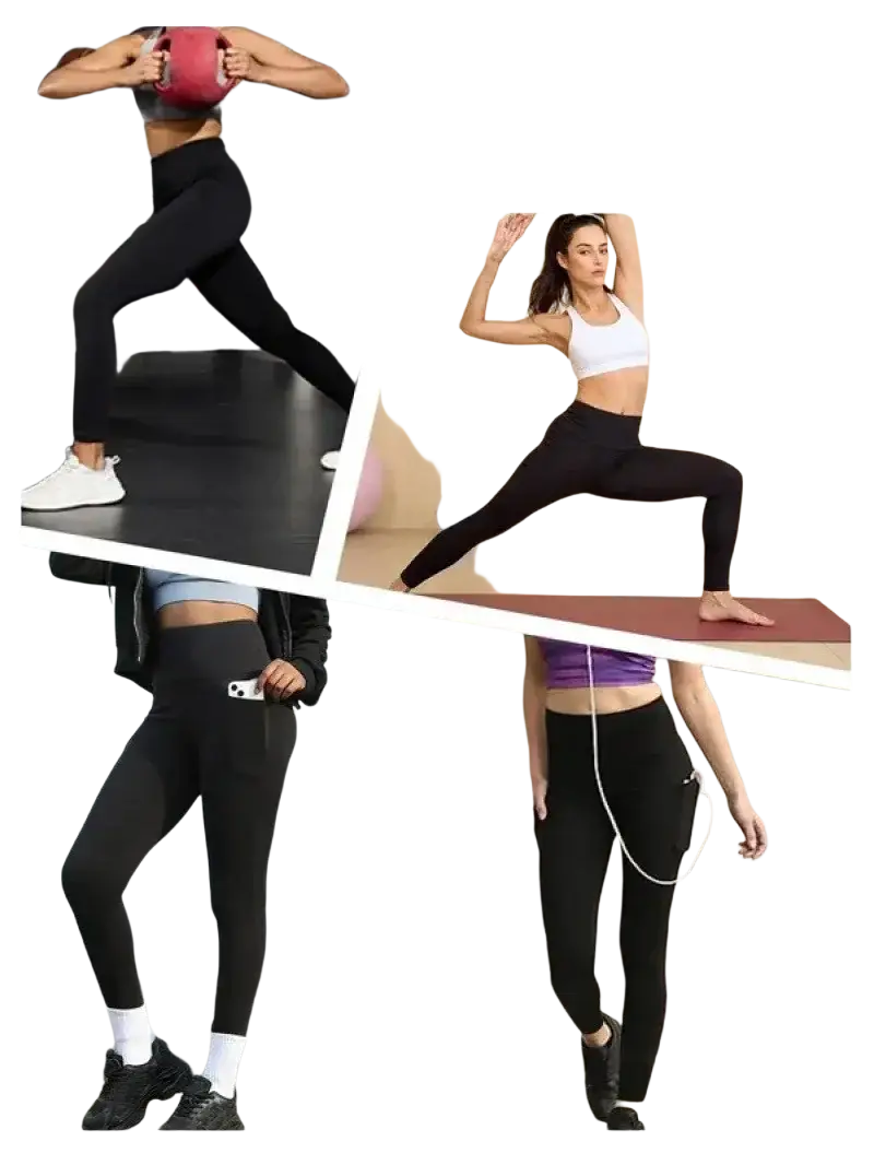High waisted black yoga leggings with side pockets made from stretchy fabric shown in various athletic settings
