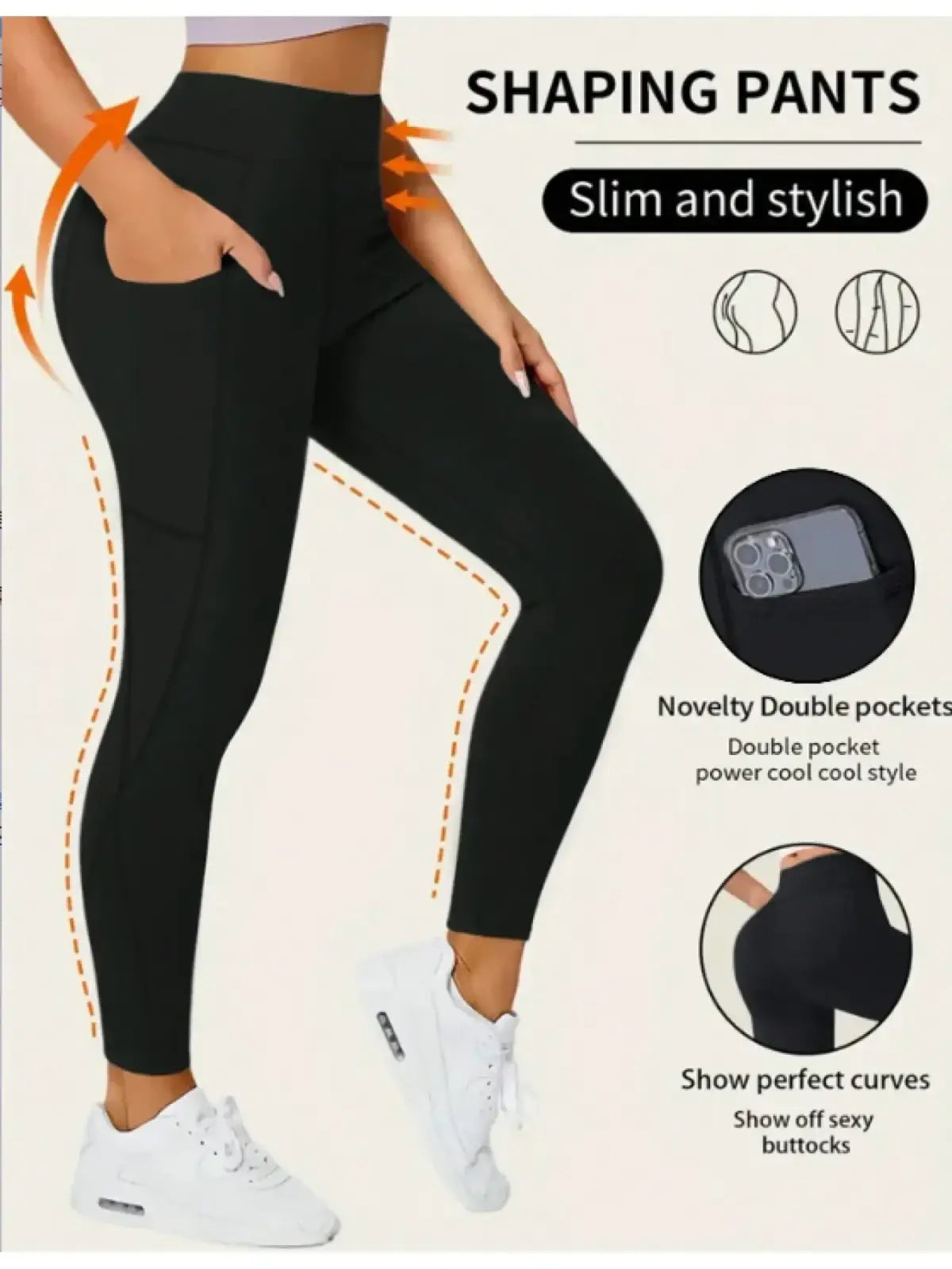 High waisted black yoga leggings with double pockets and a slim stylish design shown from the back side