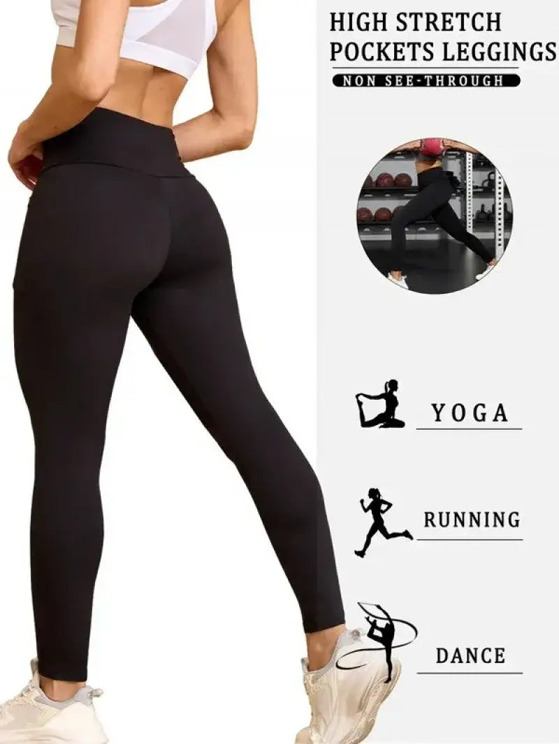 High waisted black yoga leggings with non-see-through pockets made of high-stretch fabric for yoga running and dance