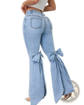 High waisted light blue denim flare jeans with decorative bows at the knees for a stylish casual look