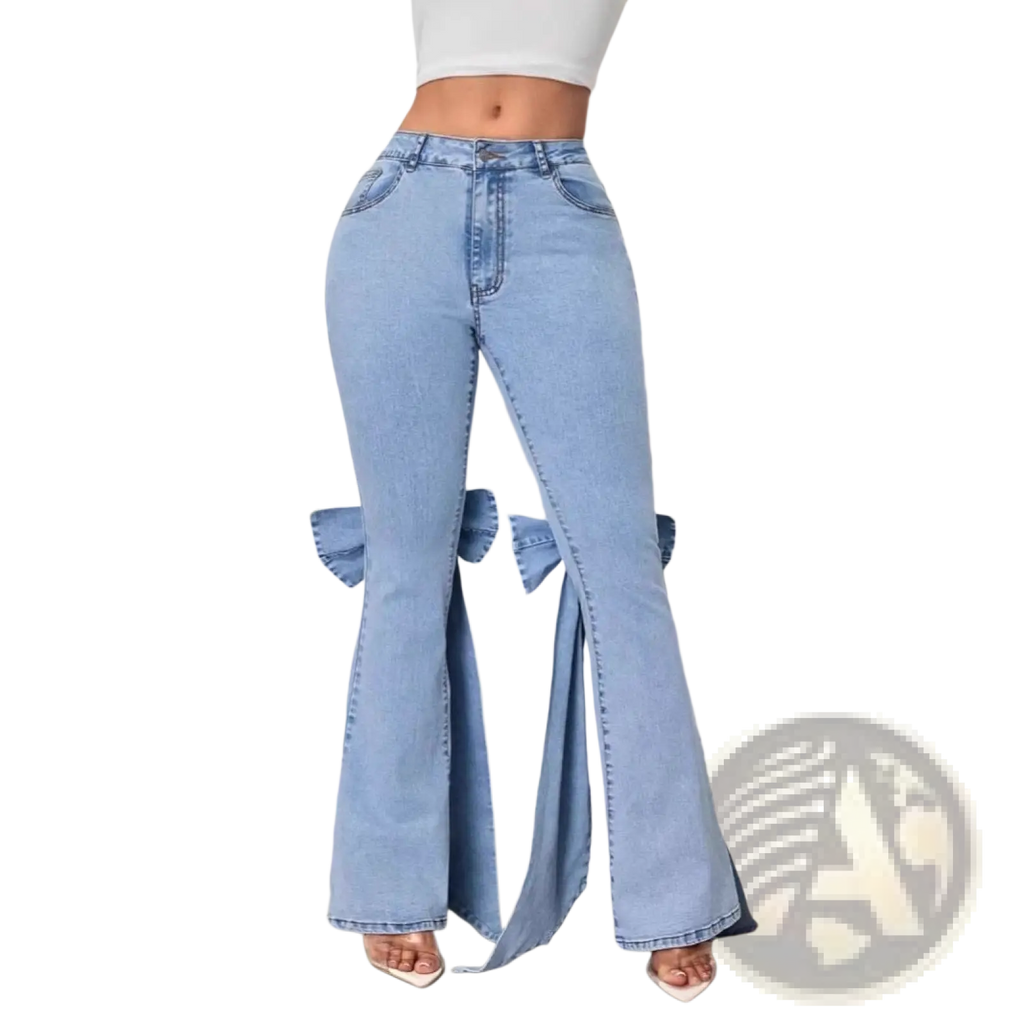 High waisted light blue denim flare jeans with a side slit and decorative bow detail at the hem
