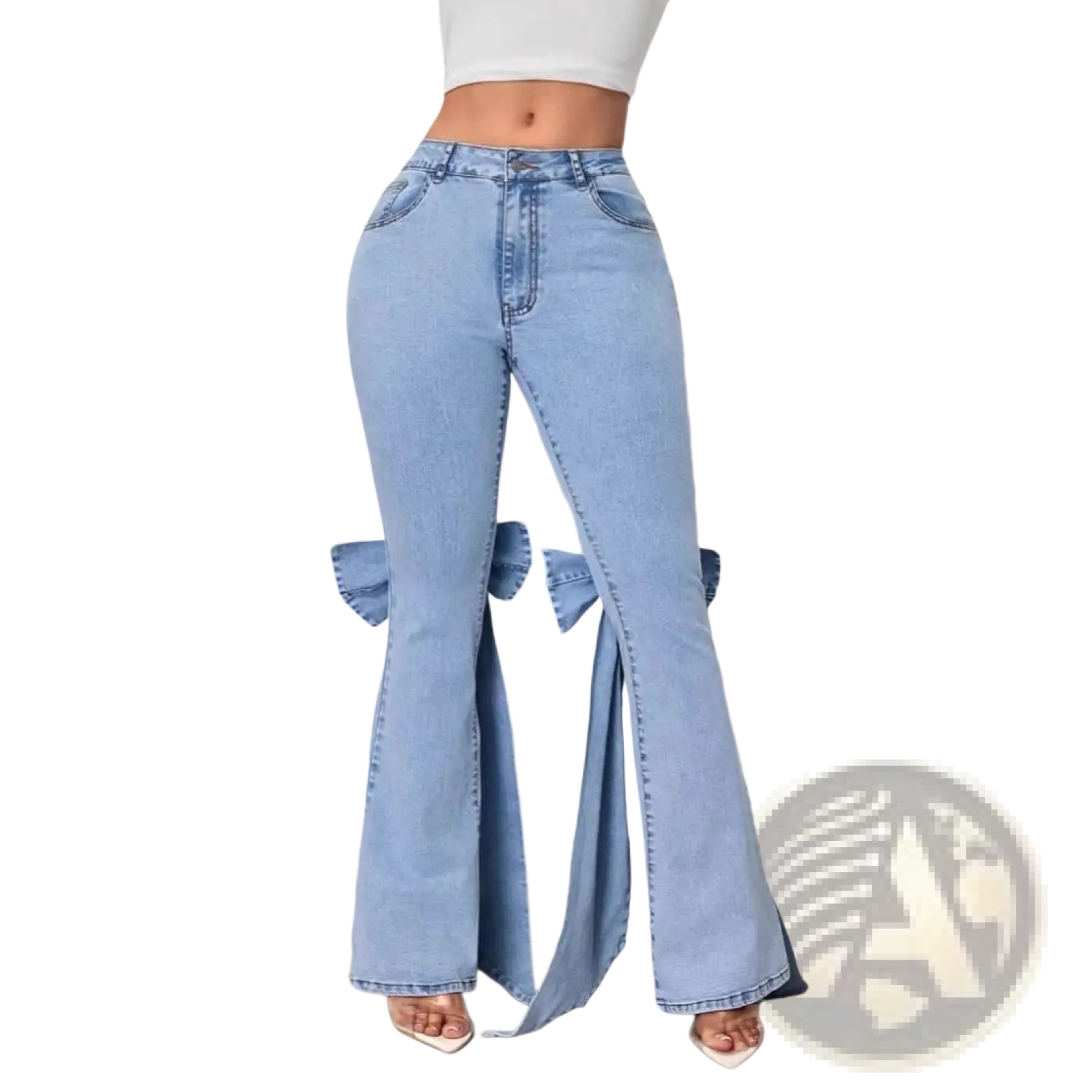 High waisted light blue denim flare jeans with a side slit and decorative bow detail at the hem