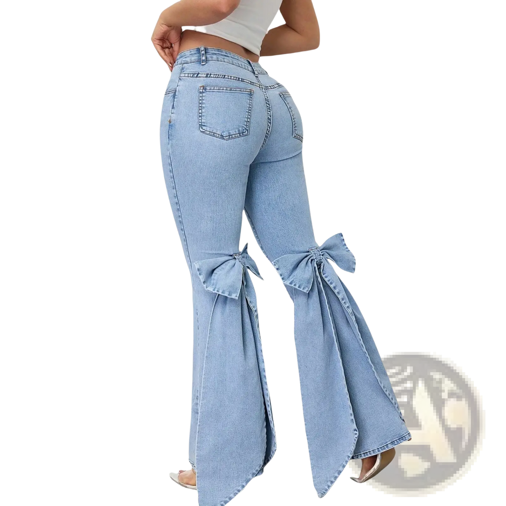 High waisted light blue denim flare jeans with decorative bows at the knees in light-wash fabric