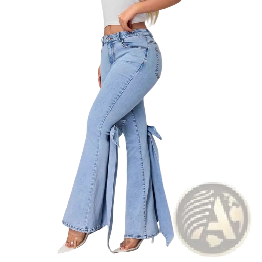 High waisted light blue denim flare jeans with tied side flaps in light-wash material front view