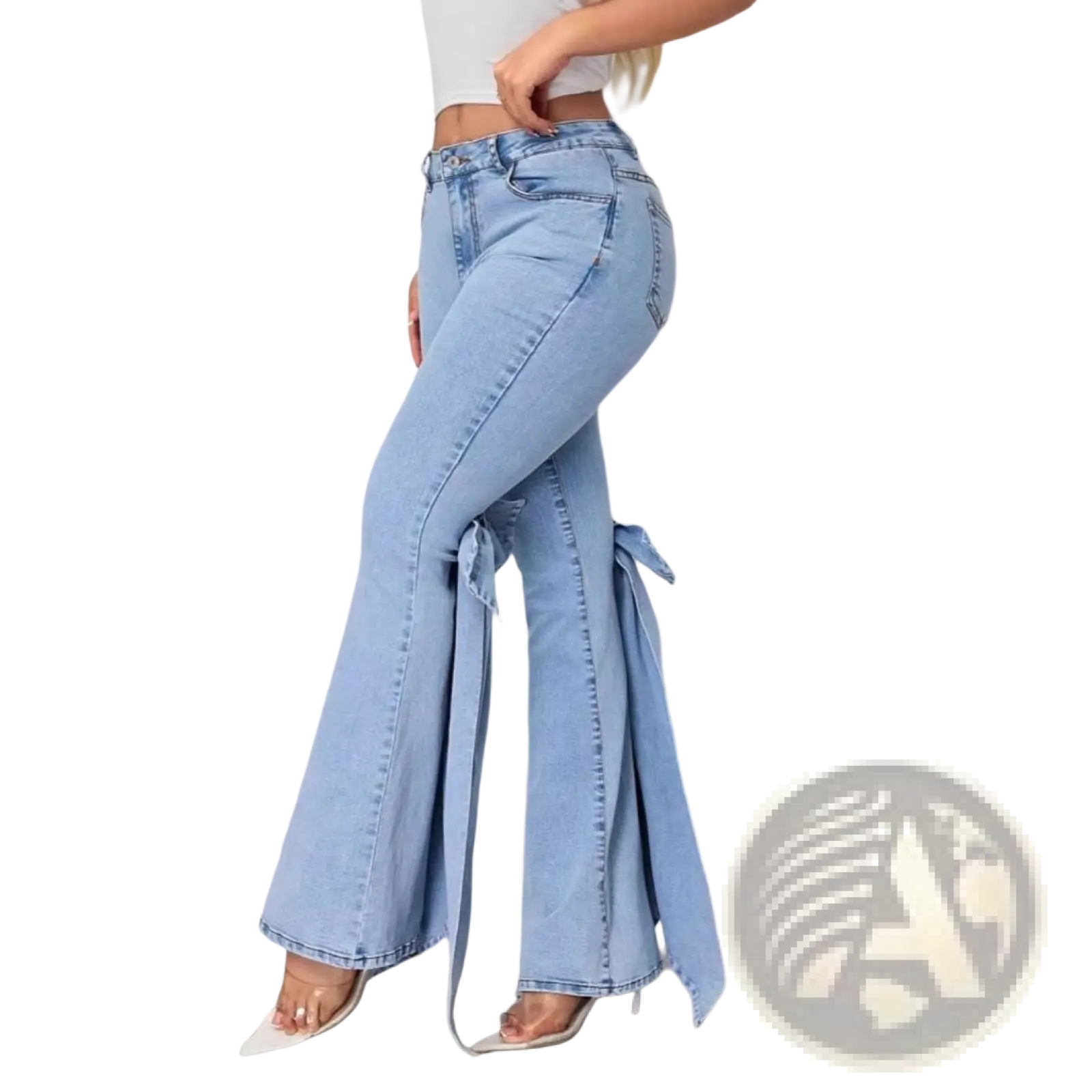 High waisted light blue denim flare jeans with tied side flaps in light-wash material front view