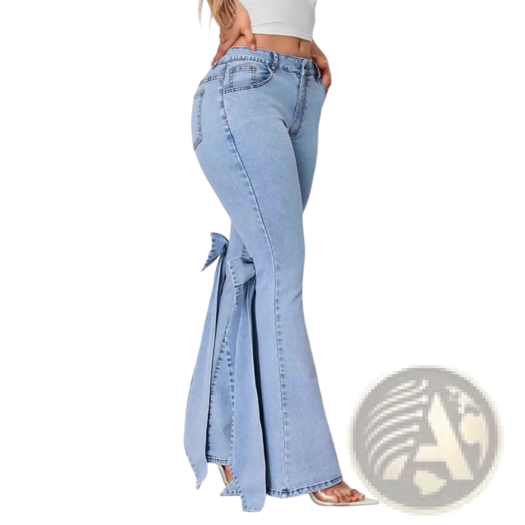 High waisted light blue denim flare jeans with a decorative bow at the ankle in light wash material