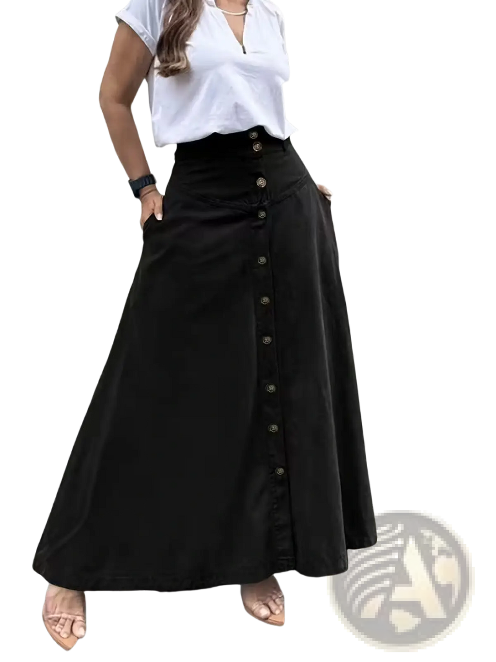 Black high waisted midi skirt with front button closure and side pockets for stylish casual wear