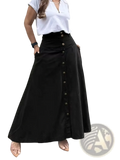 Black high waisted midi skirt with front button closure and side pockets for stylish casual wear