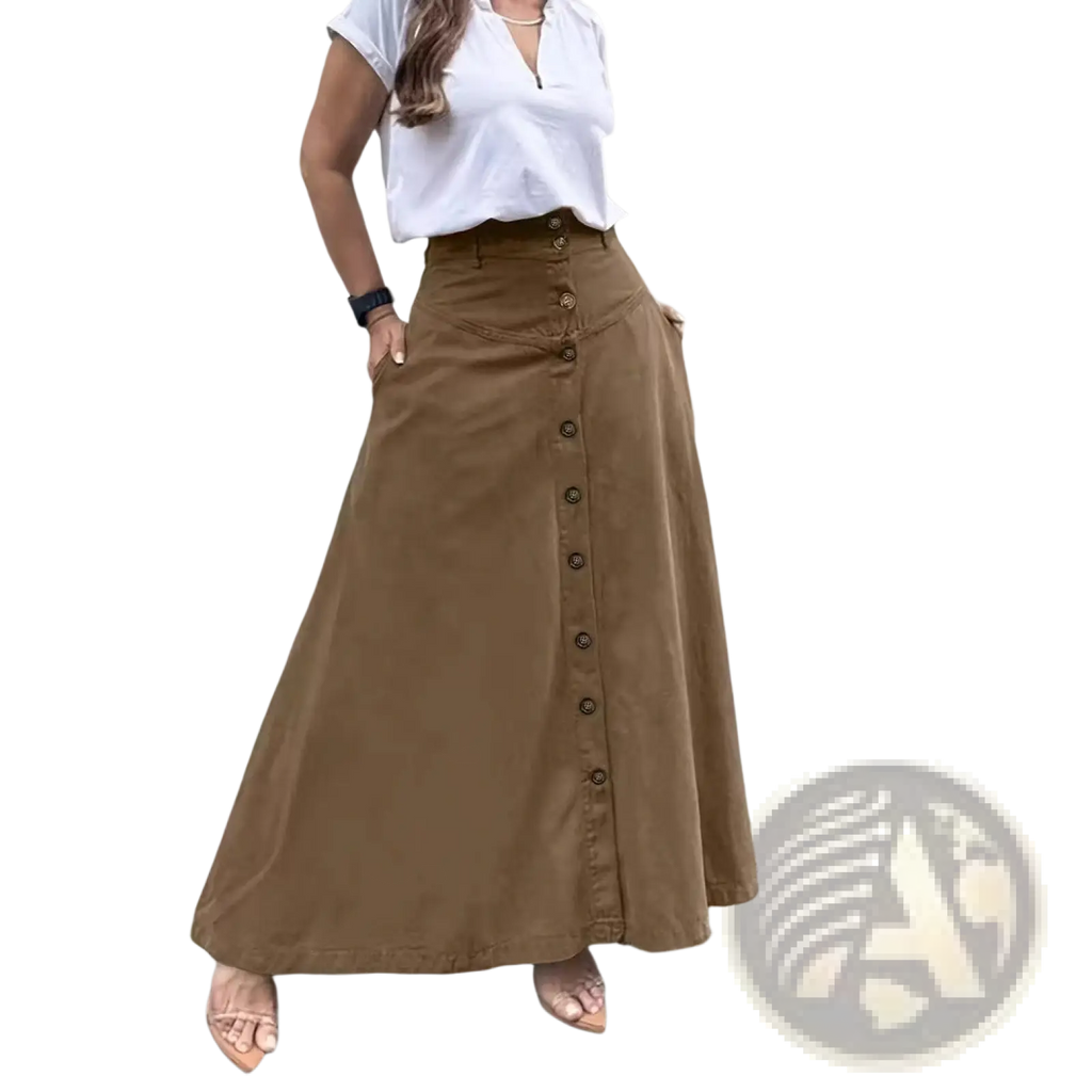 A brown high waisted maxi skirt with front button closure and side pockets made of soft fabric