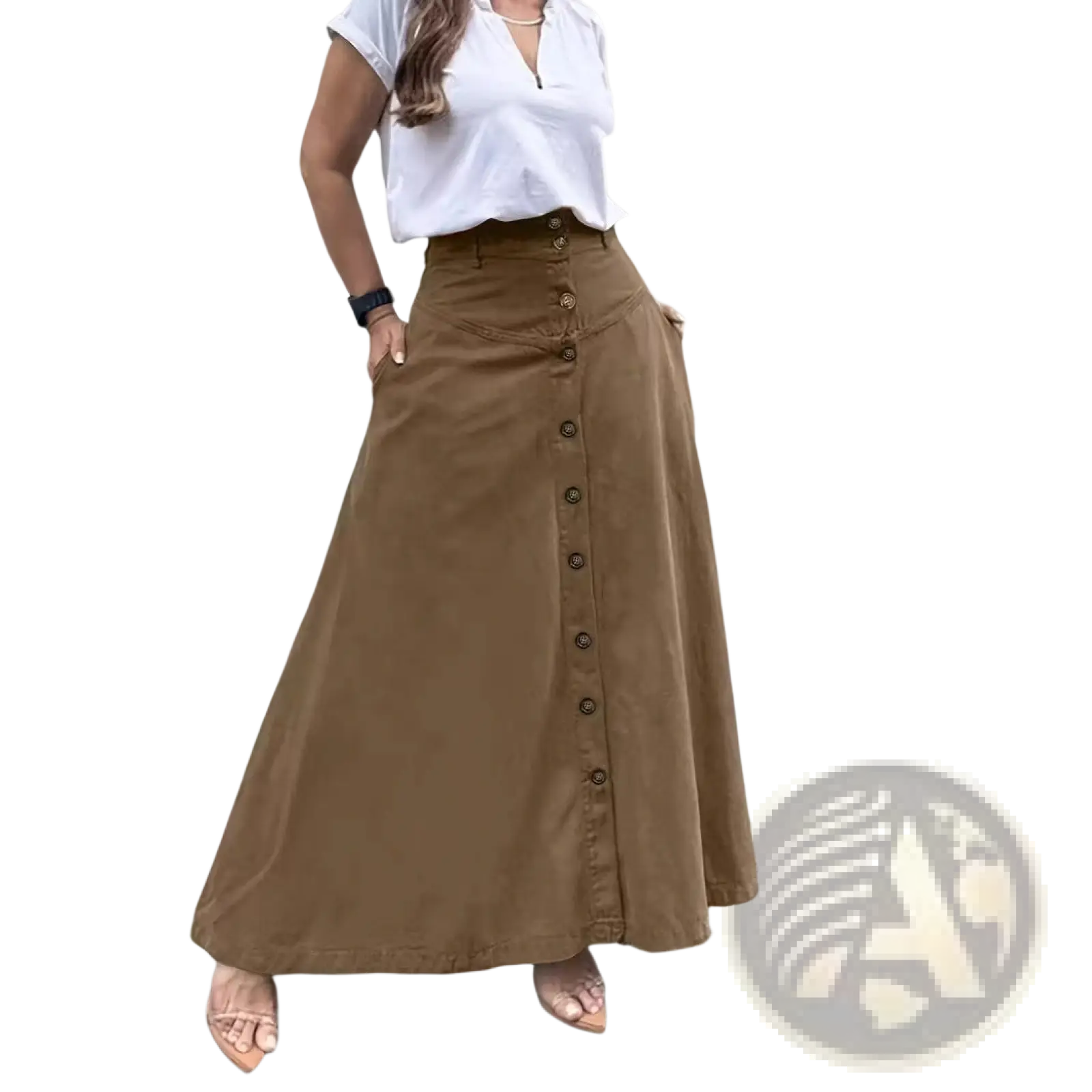 A brown high waisted maxi skirt with front button closure and side pockets made of soft fabric