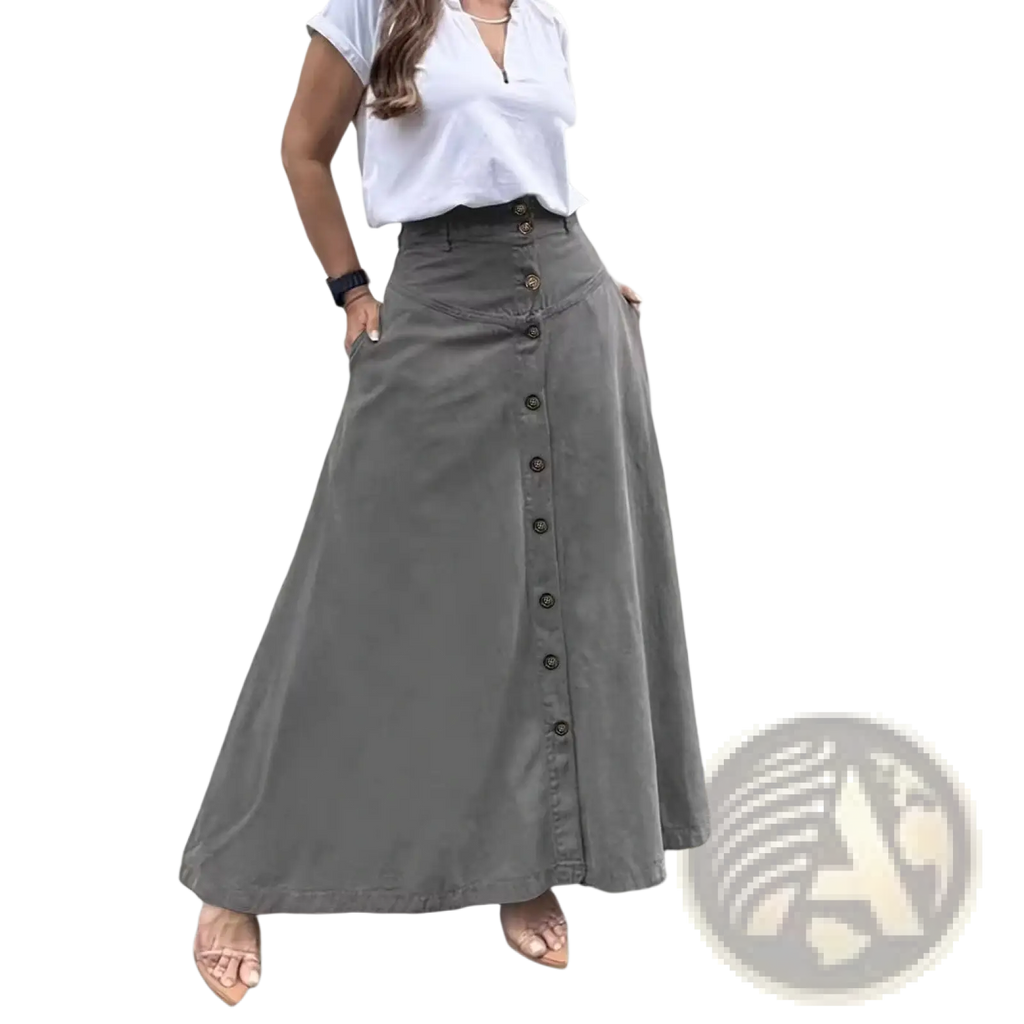 High waisted button front maxi skirt in gray soft fabric with side pockets and a high waist for comfortable wear