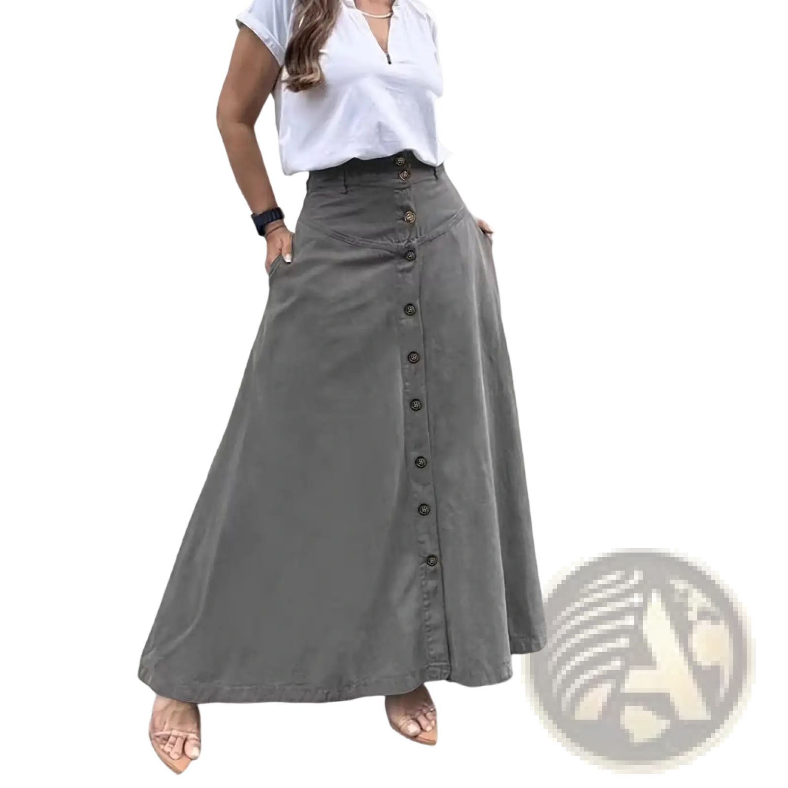 High waisted button front maxi skirt in gray soft fabric with side pockets and a high waist for comfortable wear