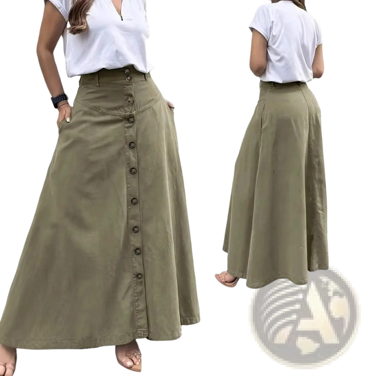 Olive green high waisted button front maxi skirt with side pockets and a flowy silhouette