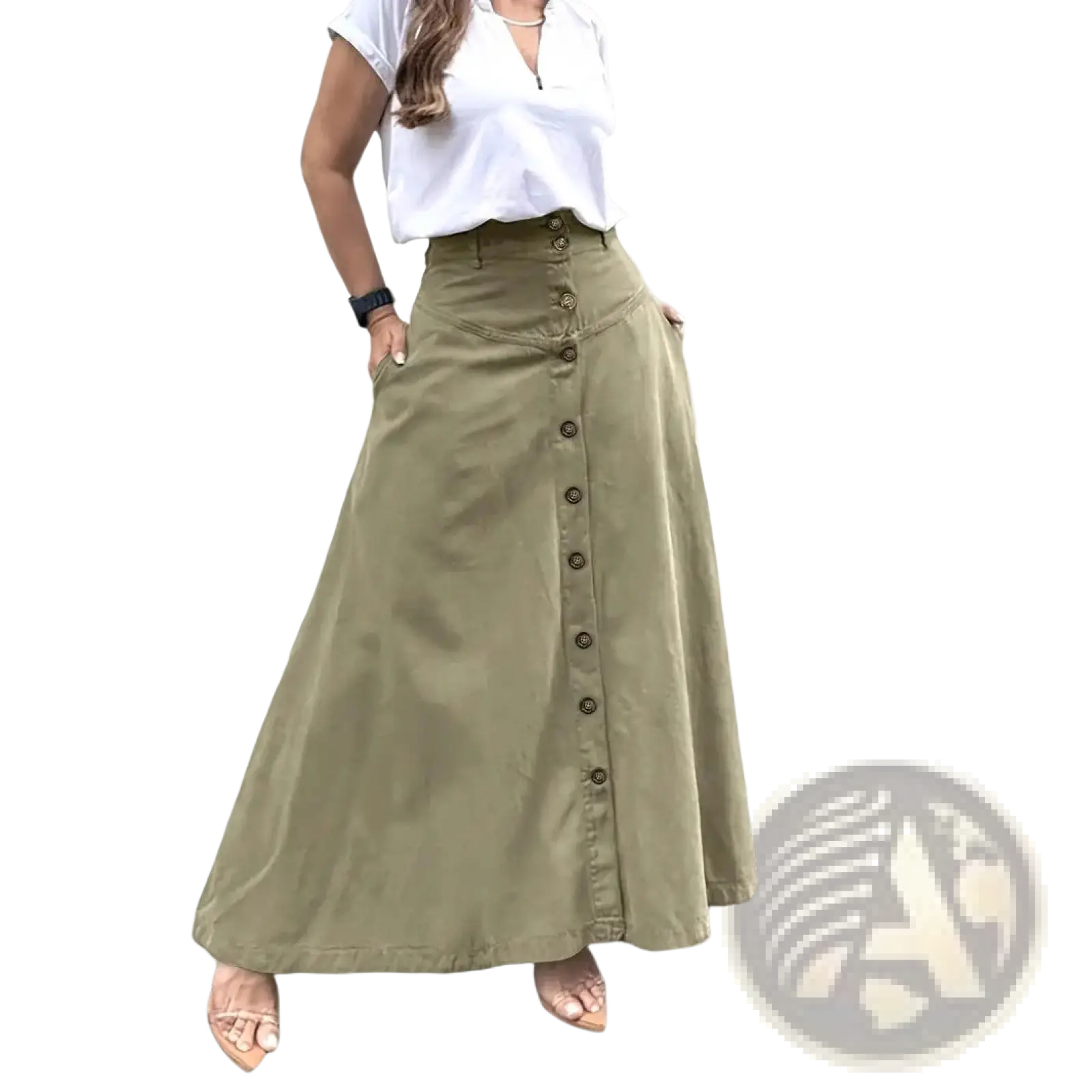 Olive green high waisted maxi skirt with button front detail made from lightweight fabric for casual wear