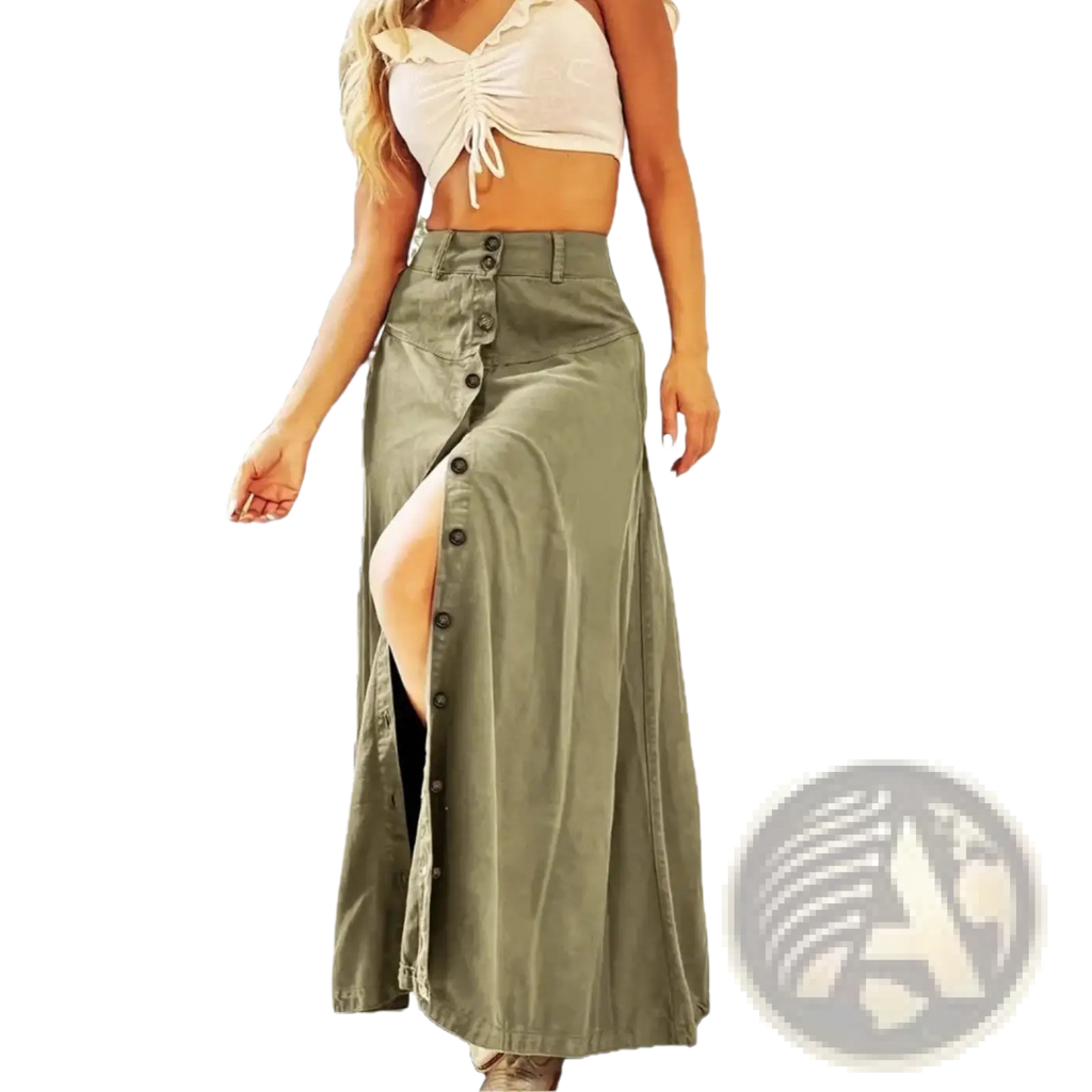 Olive green high waisted button front maxi skirt with side slit made of lightweight fabric for versatile wear