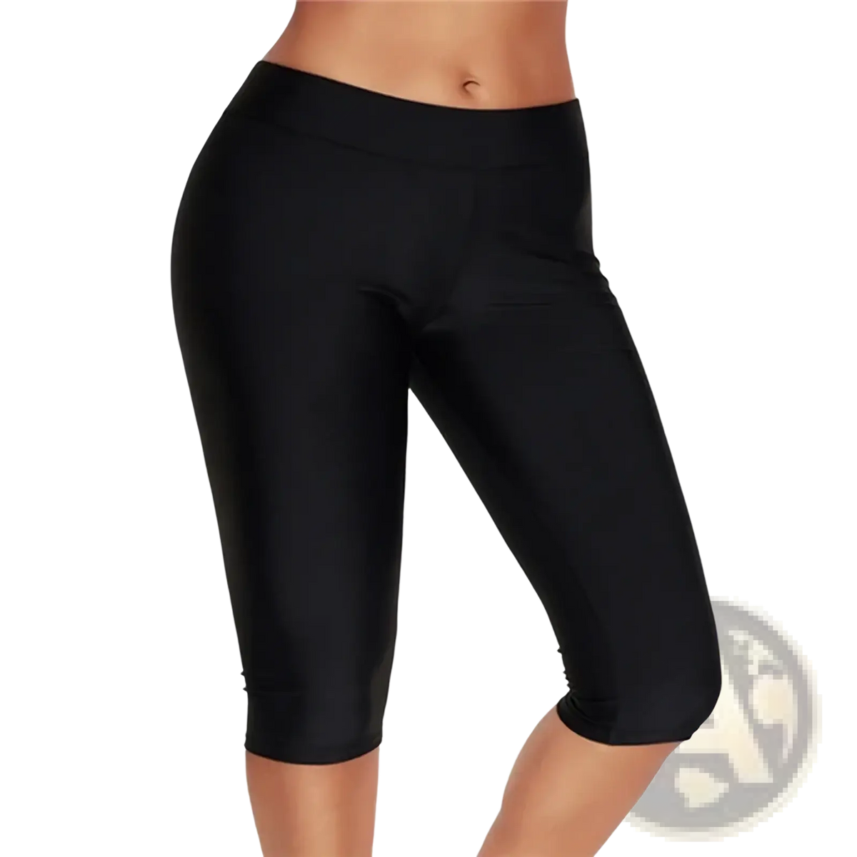 Black shiny high waisted capri yoga leggings made from sleek material designed for comfortable activewear use