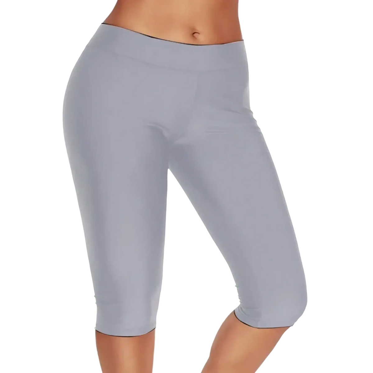 High waisted capri yoga leggings in light gray with smooth stretchy fabric and black trim on waistband and hems