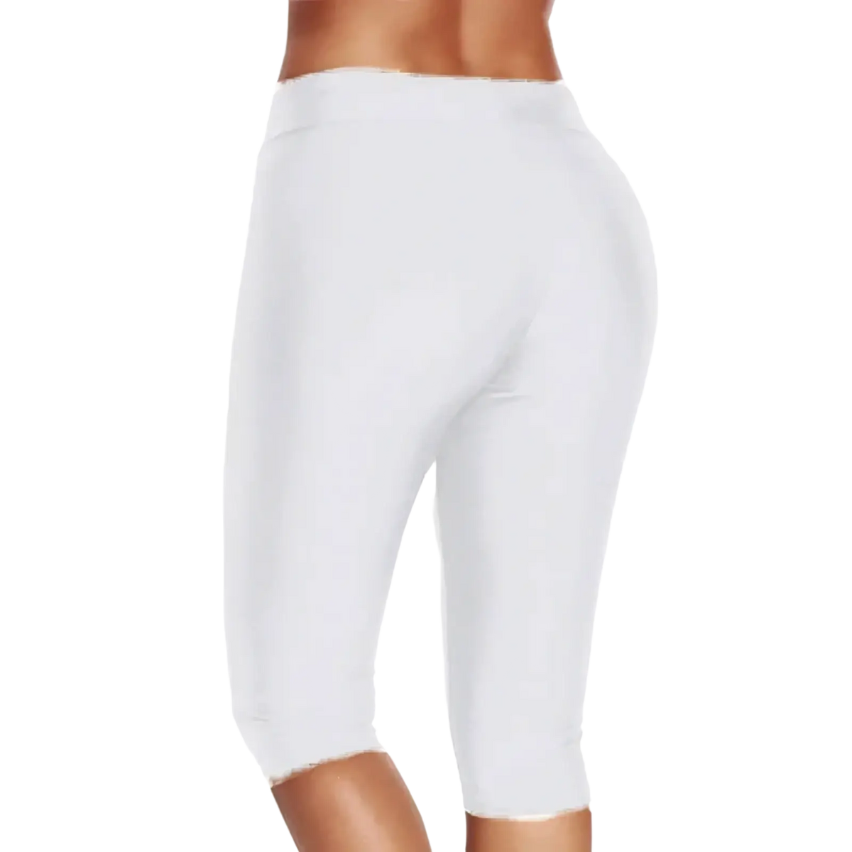 White high waisted capri yoga leggings with a slightly frayed hem designed for comfort and flexibility