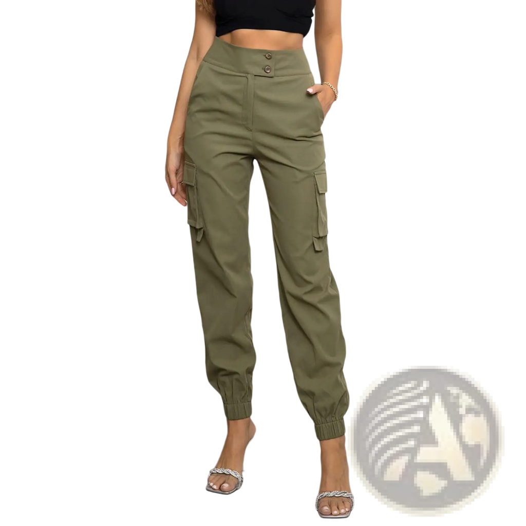 Olive green high waisted cargo pants for women with buttoned waistband elastic cuffs polyester tapered leg