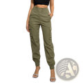 Olive green high waisted cargo pants for women with buttoned waistband elastic cuffs polyester tapered leg