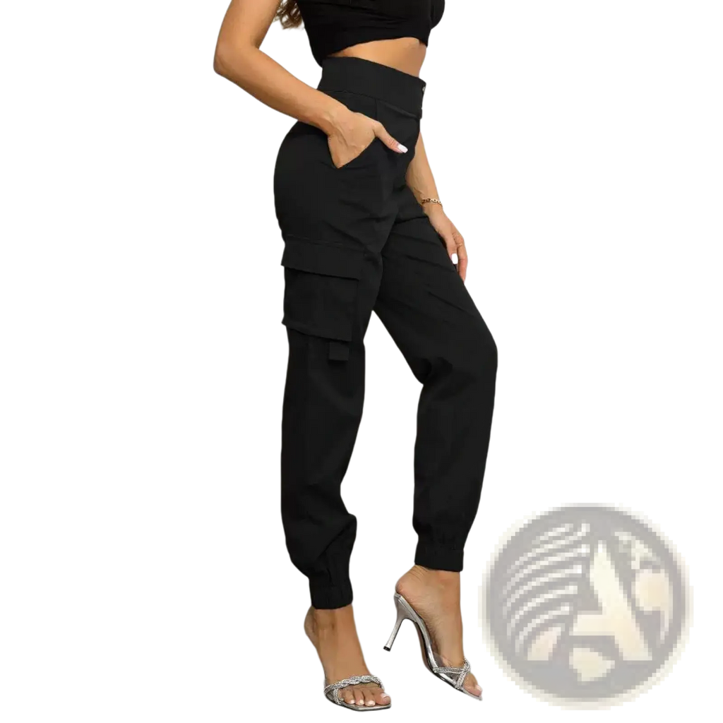 Black high waisted cargo pants for women made of polyester with multiple pockets and a tapered leg style