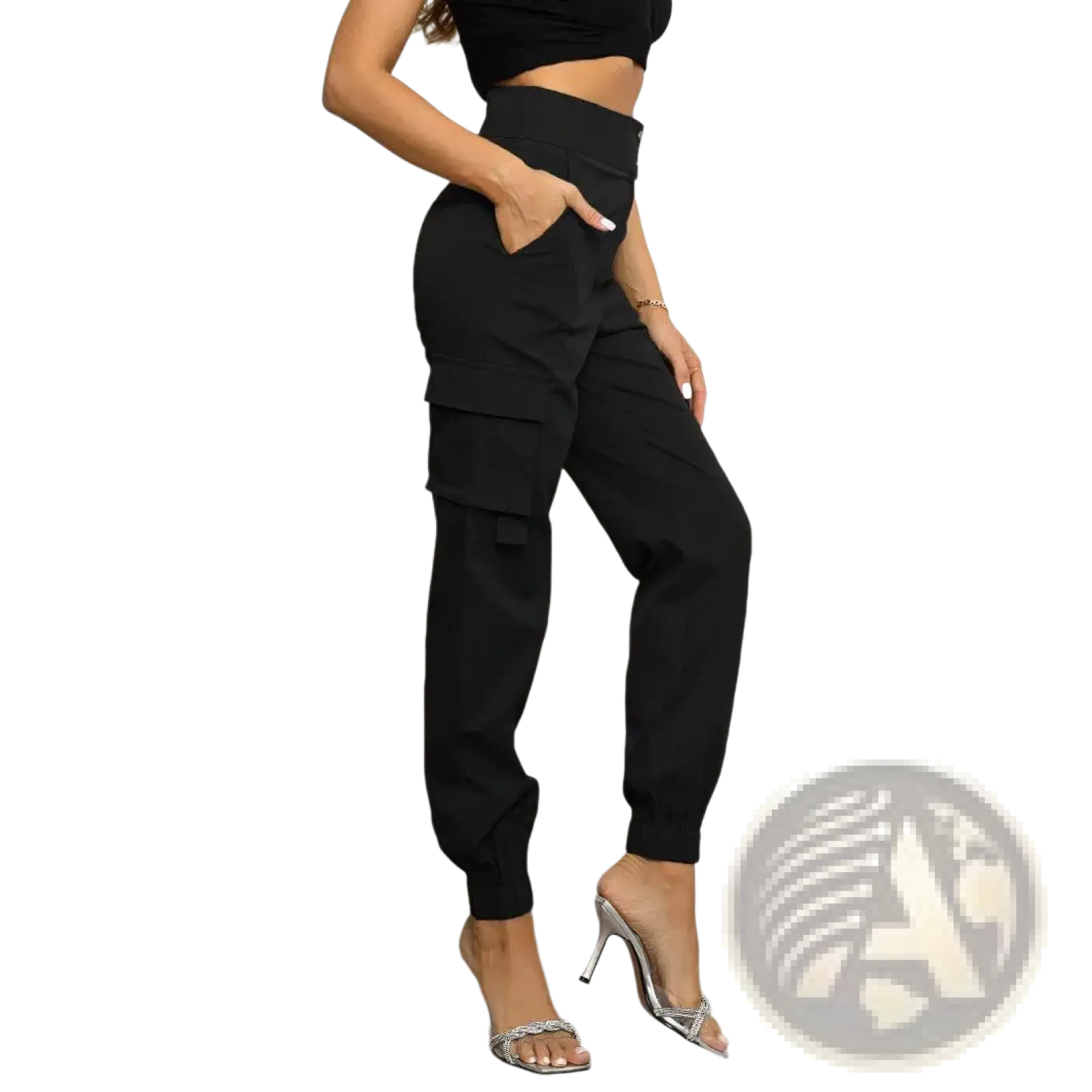 Black high waisted cargo pants for women made of polyester with multiple pockets and a tapered leg style