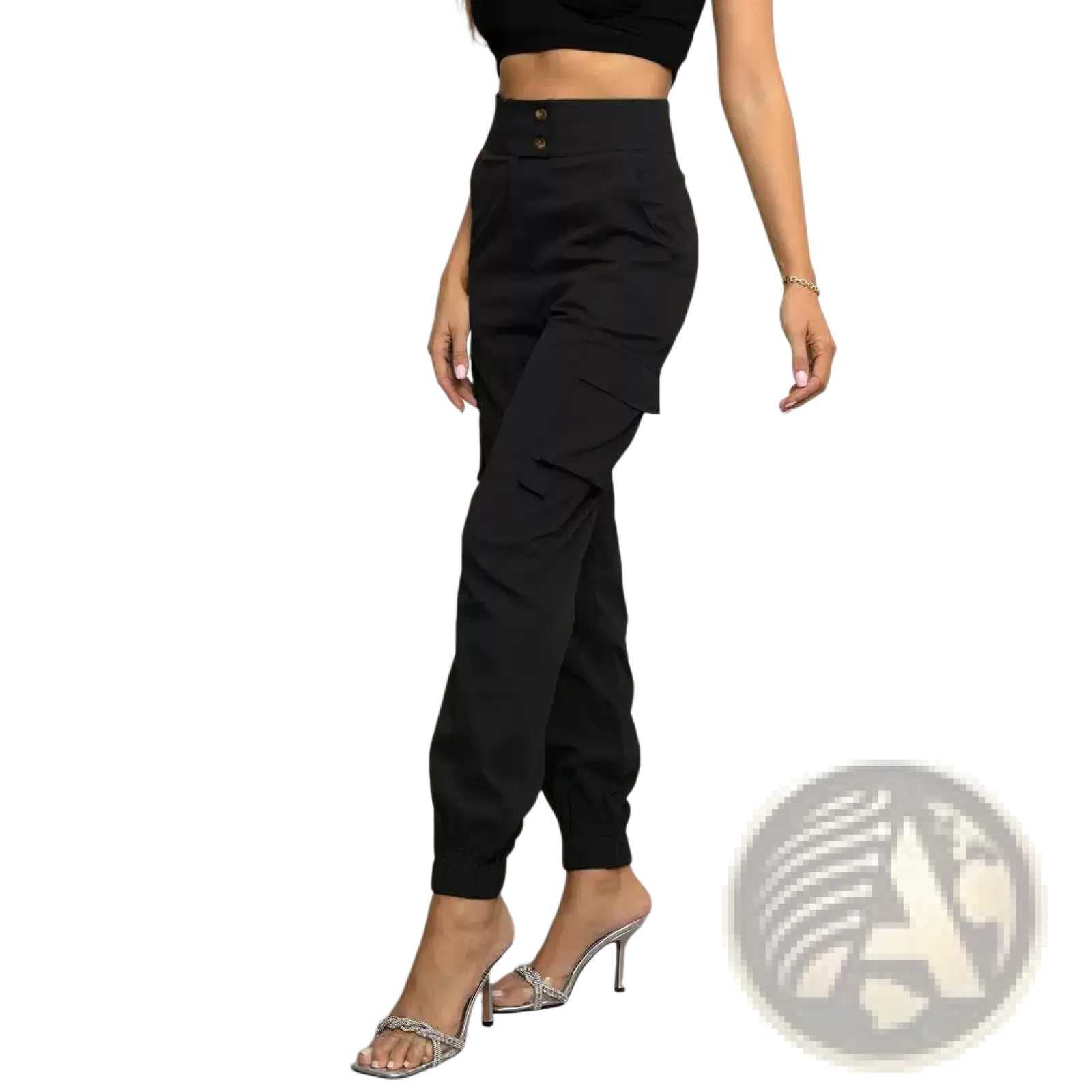 Black high waisted cargo pants for women made of polyester with button closure and cuffed tapered legs