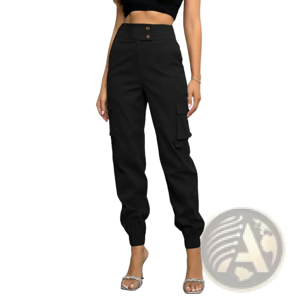 Black high waisted cargo pants for women made of polyester with button closures and cuffed tapered legs
