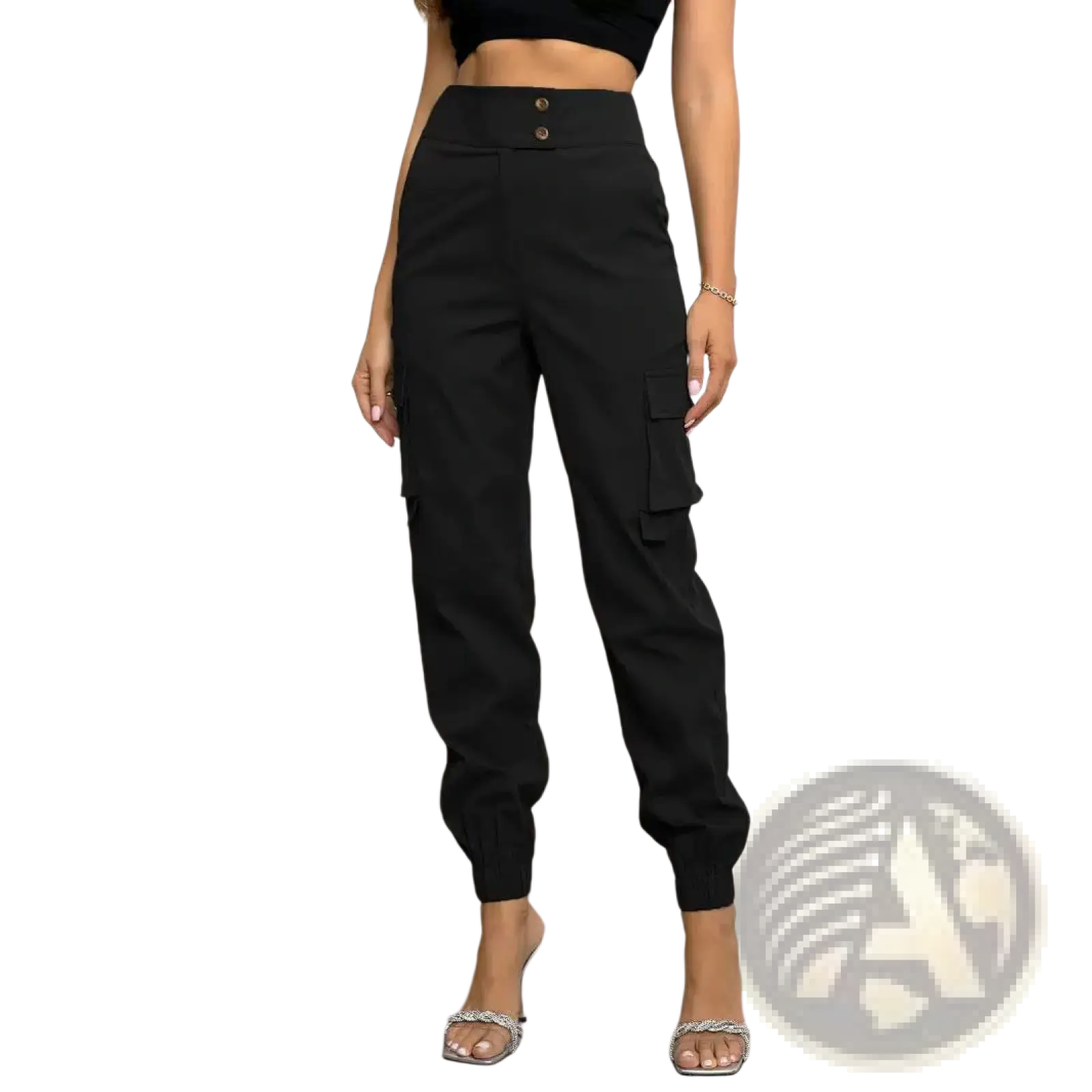Black high waisted cargo pants for women made of polyester with button closures and cuffed tapered legs