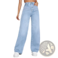 Light-wash denim high waisted jeans for women with wide leg, classic five-pocket design, and button closure