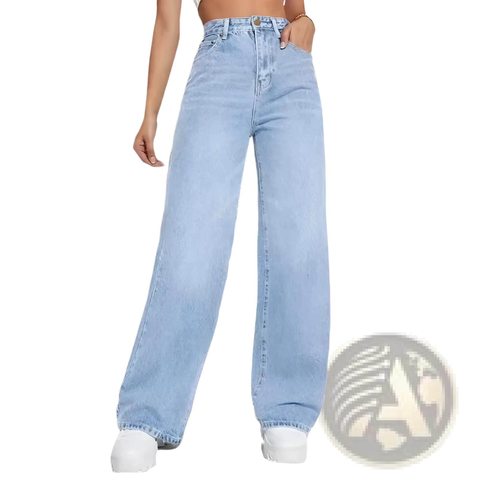 Light-wash denim high waisted jeans for women with wide leg, classic five-pocket design, and button closure