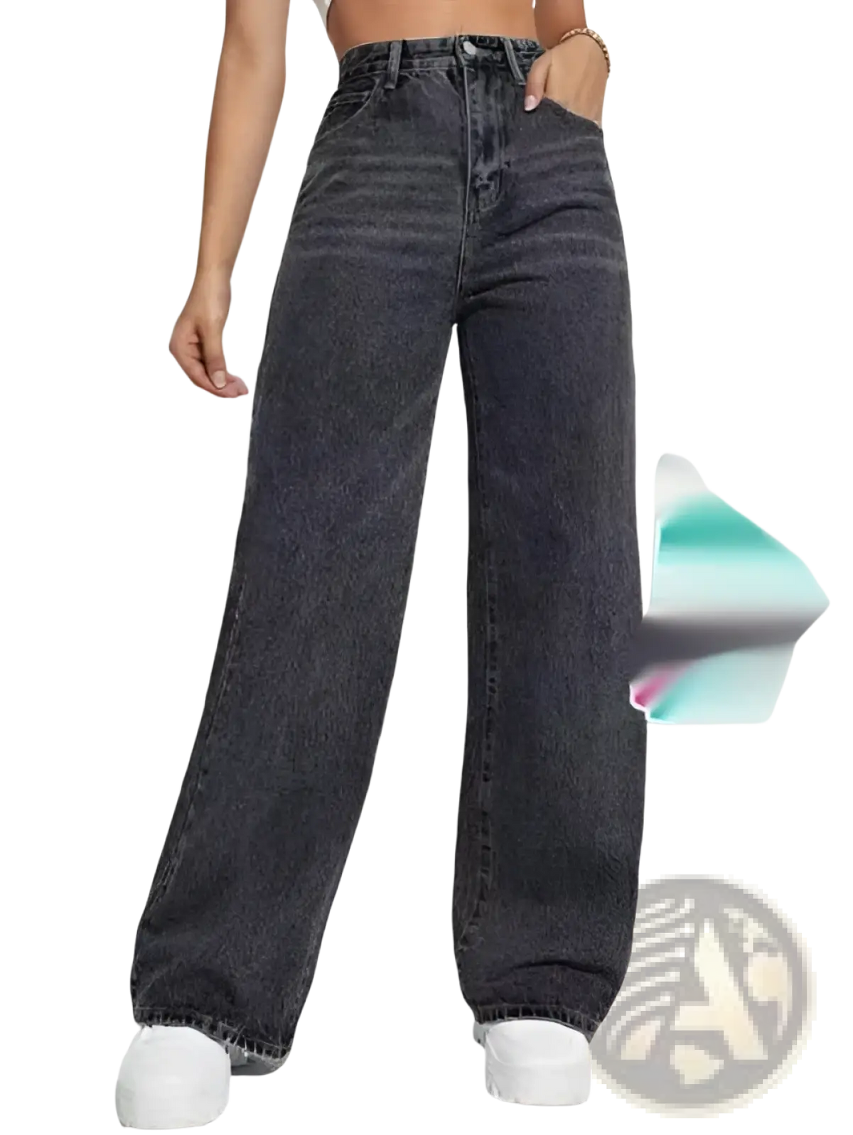 High waisted dark gray denim jeans for women with wide leg and classic five-pocket design